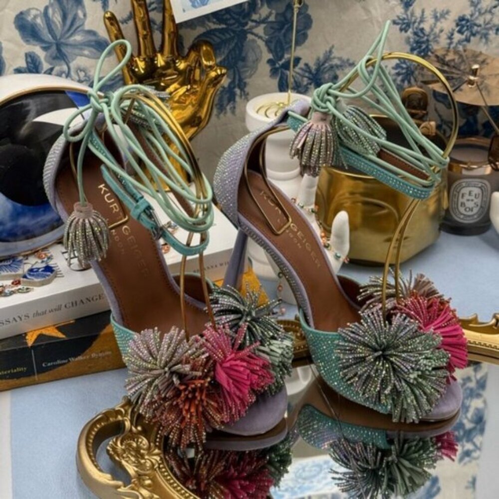 🆕 KURT GEIGER LONDON 🧿 NWOB Lilac & Teal Pom Pom Tie Ankle Heel, Sz 36 US 6 - Picture 5 of 15